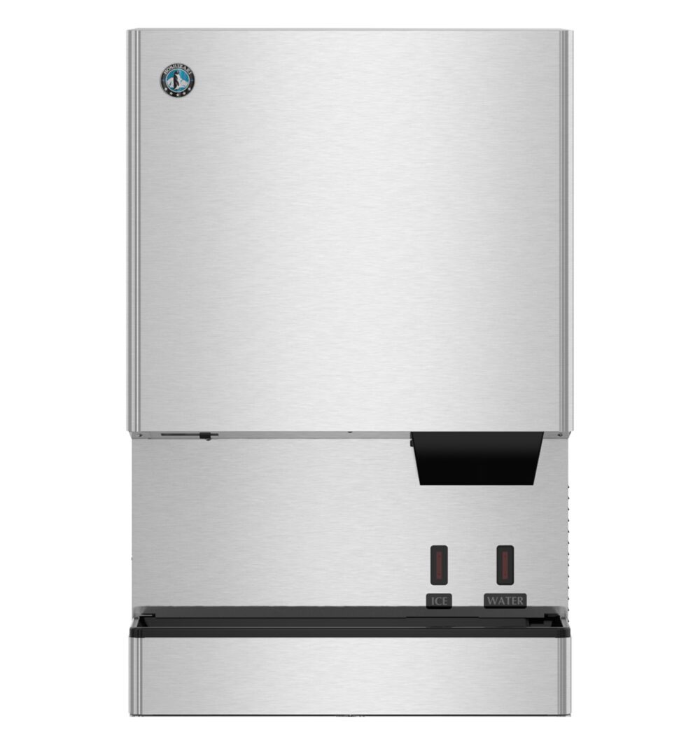Front view of a stainless steel ice and water dispenser with labeled push buttons for ice and water.