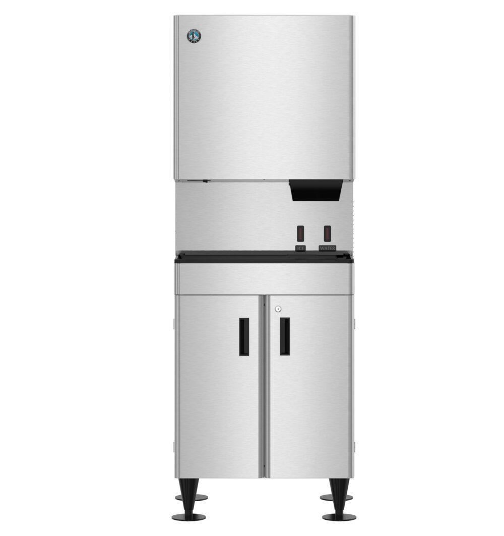 Front view of a commercial stainless steel ice machine with a dispenser unit on top and a double-door storage cabinet below.
