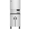 Front view of a commercial stainless steel ice machine with a dispenser unit on top and a double-door storage cabinet below.