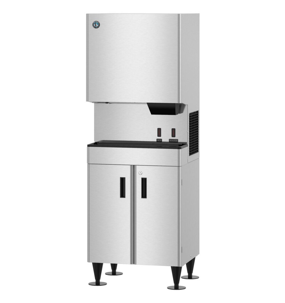 Commercial stainless steel ice machine with upper dispenser unit and lower storage cabinet, standing on adjustable legs.