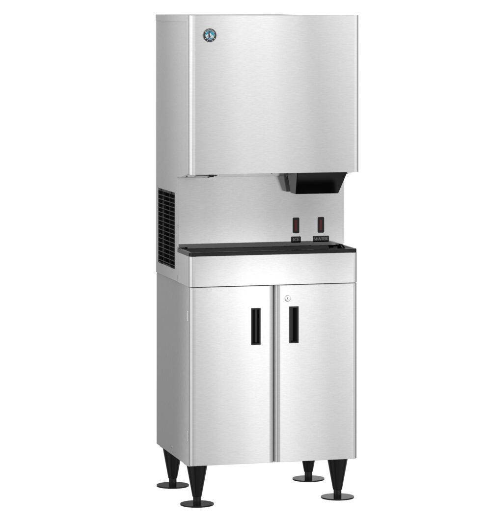 A commercial stainless steel ice and water dispenser with a top ice maker unit, two dispensing levers, and a double-door cabinet base on adjustable legs.