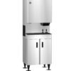 A commercial stainless steel ice and water dispenser with a top ice maker unit, two dispensing levers, and a double-door cabinet base on adjustable legs.