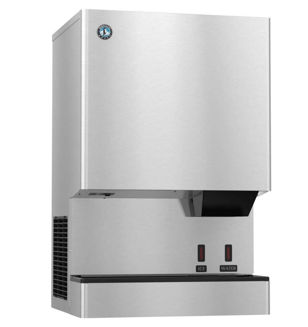 Stainless steel commercial ice and water dispenser with labeled buttons for ice and water below the dispensing area.