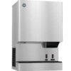 Stainless steel commercial ice and water dispenser with labeled buttons for ice and water below the dispensing area.