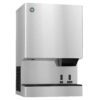 Stainless steel commercial ice and water dispenser with labeled buttons for ice and water below the dispensing area.