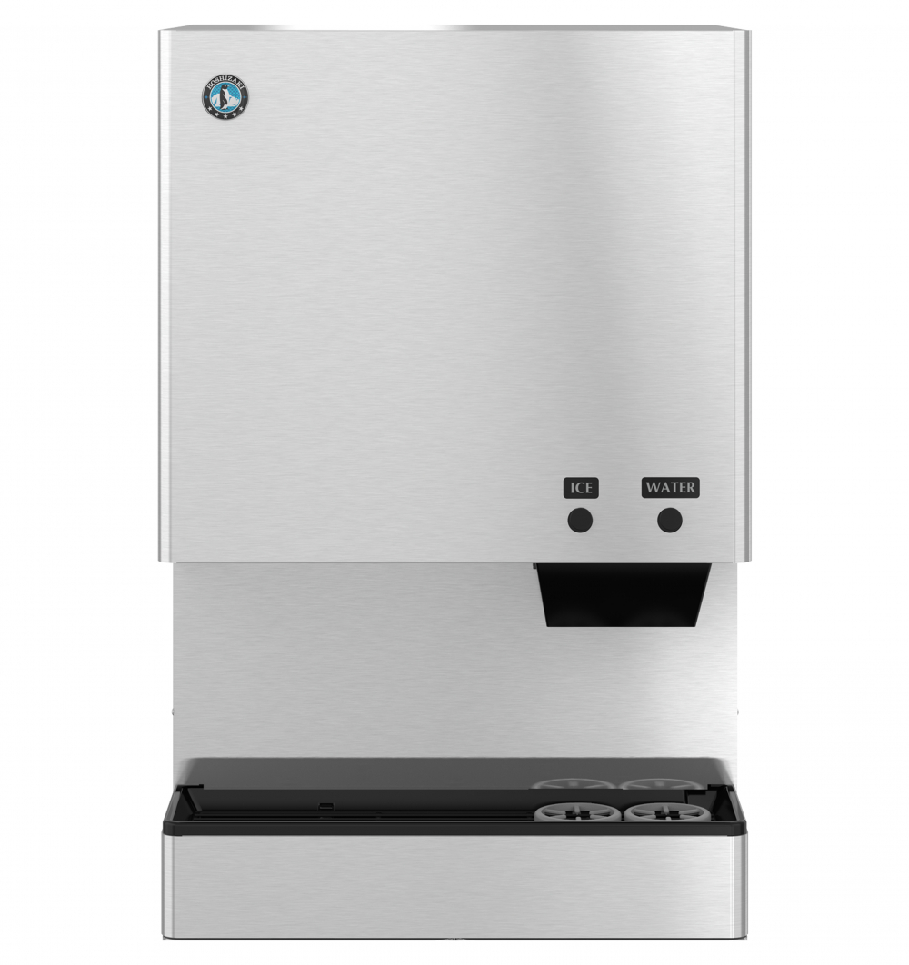 A stainless steel commercial ice and water dispenser with clearly labeled