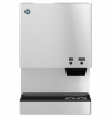 A stainless steel commercial ice and water dispenser with clearly labeled "ICE" and "WATER" buttons on the front.