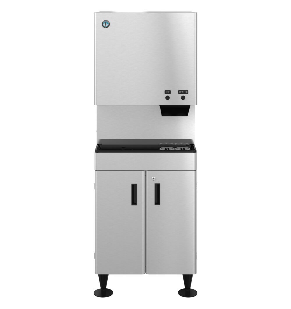 Stainless steel commercial ice and water dispenser with push-button controls, storage cabinet below, and black drip tray on the front.