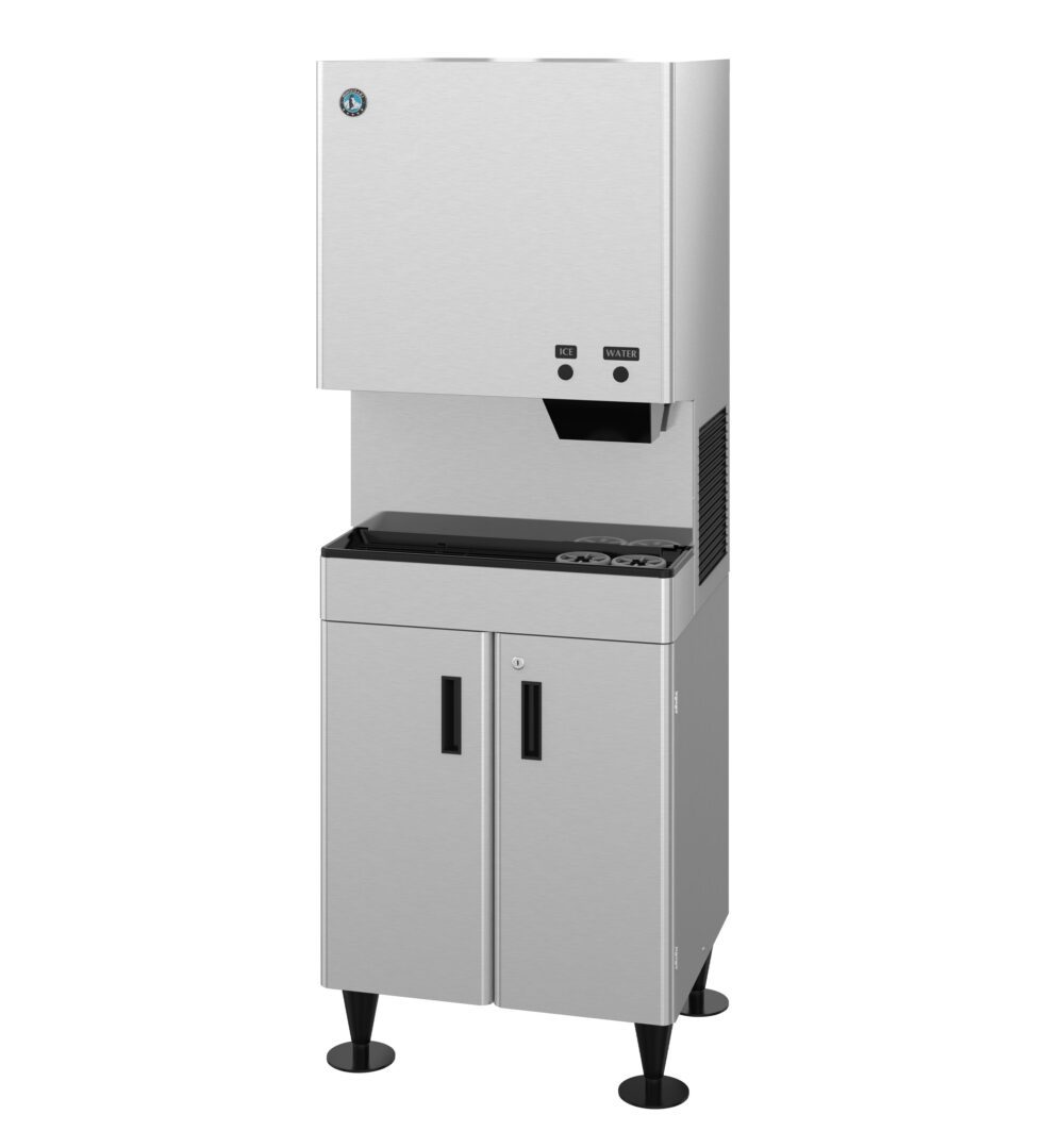 A stainless steel commercial ice and water dispenser with control buttons, a dispensing area, and a storage cabinet below.