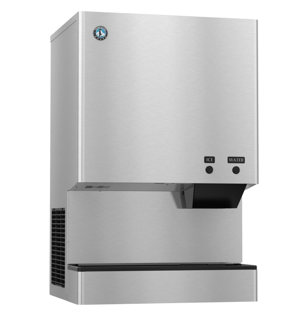 A stainless steel ice and water dispenser with two push buttons labeled 
