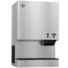 A stainless steel ice and water dispenser with two push buttons labeled "ICE" and "WATER" on the front panel.