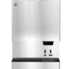 Front view of a stainless steel commercial ice and water dispenser with labeled buttons and a dispensing area beneath.