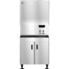 Commercial stainless steel ice maker machine with a top dispenser unit and storage cabinet beneath, standing on four adjustable black legs.