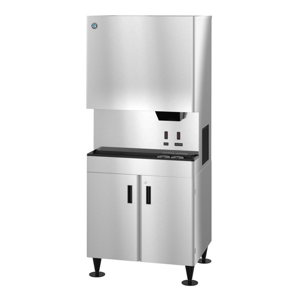 Commercial stainless steel ice dispenser with a front dispensing area, digital controls, and double-door storage cabinet below.