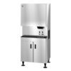 Commercial stainless steel ice dispenser with a front dispensing area, digital controls, and double-door storage cabinet below.