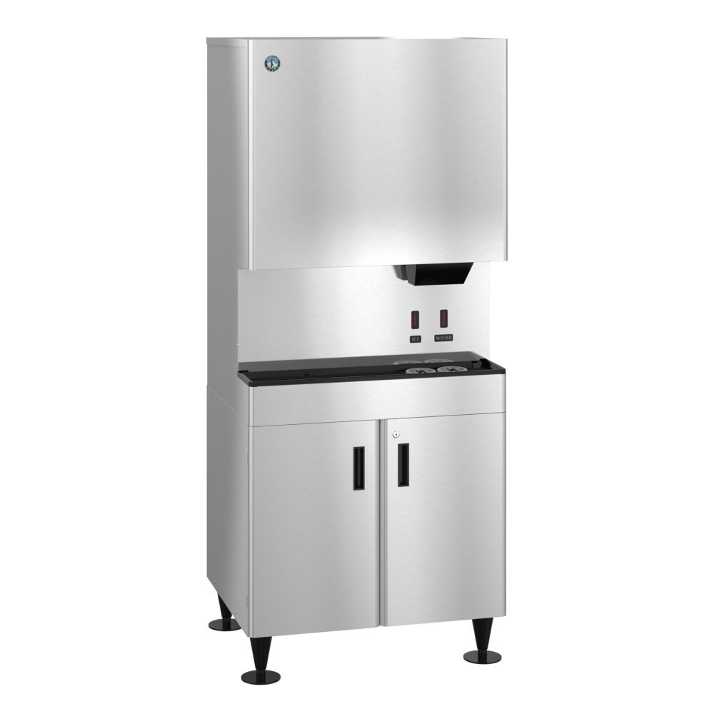 A commercial stainless steel ice and water dispenser with double-door storage cabinet and control panel on the front.