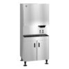A commercial stainless steel ice and water dispenser with double-door storage cabinet and control panel on the front.