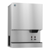 A stainless steel commercial ice and water dispenser with labeled buttons and a dispensing area, mounted on a wall.