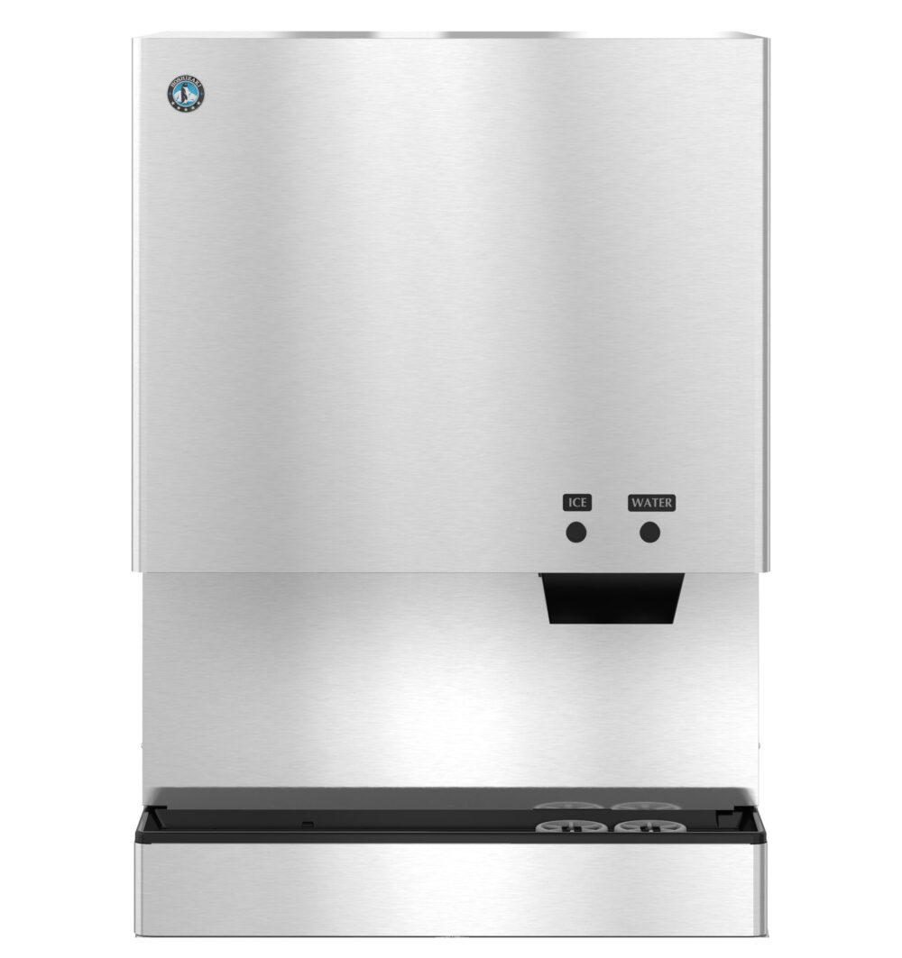 A stainless steel countertop ice and water dispenser with two buttons labeled