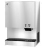 A stainless steel ice and water dispenser with labeled push buttons for ice and water, and a drip tray at the bottom.