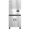 Commercial stainless steel ice machine with two dispensing buttons, a black dispensing area, and a lower storage cabinet with double doors and adjustable legs.