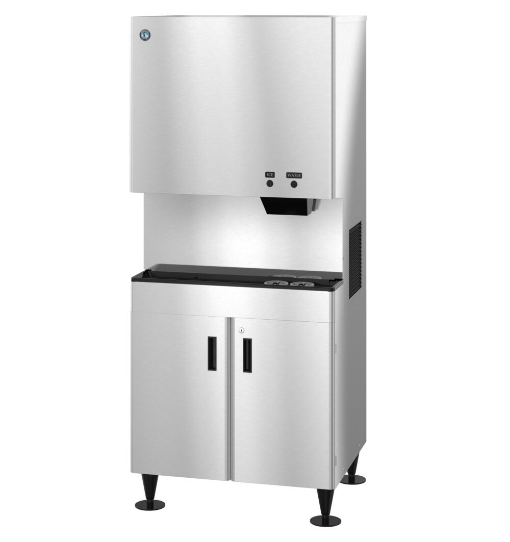 A commercial stainless steel ice and water dispenser with dual doors on the lower cabinet, control buttons, and a spout for dispensing.