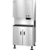 A commercial stainless steel ice and water dispenser with dual doors on the lower cabinet, control buttons, and a spout for dispensing.