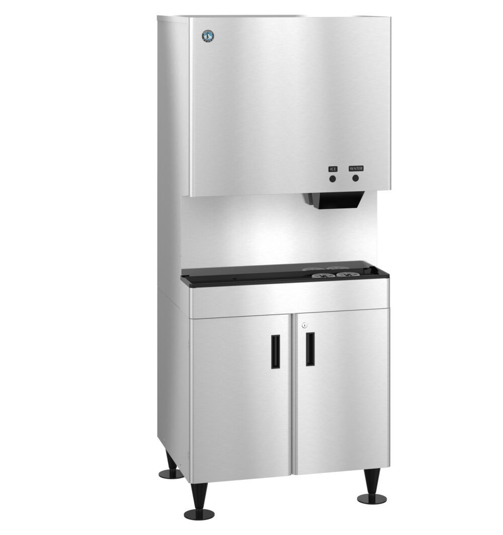A commercial stainless steel ice and water dispenser with an upper dispensing unit and lower storage cabinet, standing on adjustable legs.