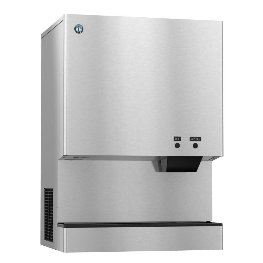 Stainless steel ice and water dispenser with push buttons labeled
