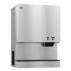 Stainless steel ice and water dispenser with push buttons labeled "Ice" and "Water" on the front panel.
