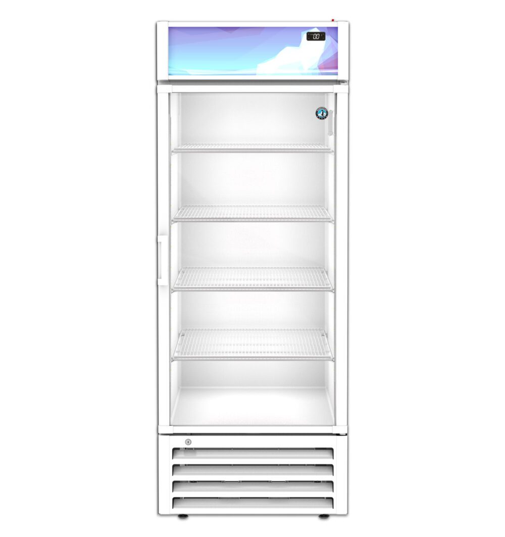 A white, upright commercial display refrigerator with a glass door and four empty shelves.