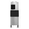 A commercial stainless steel ice maker with a black vent and storage bin, standing on four legs against a white background.
