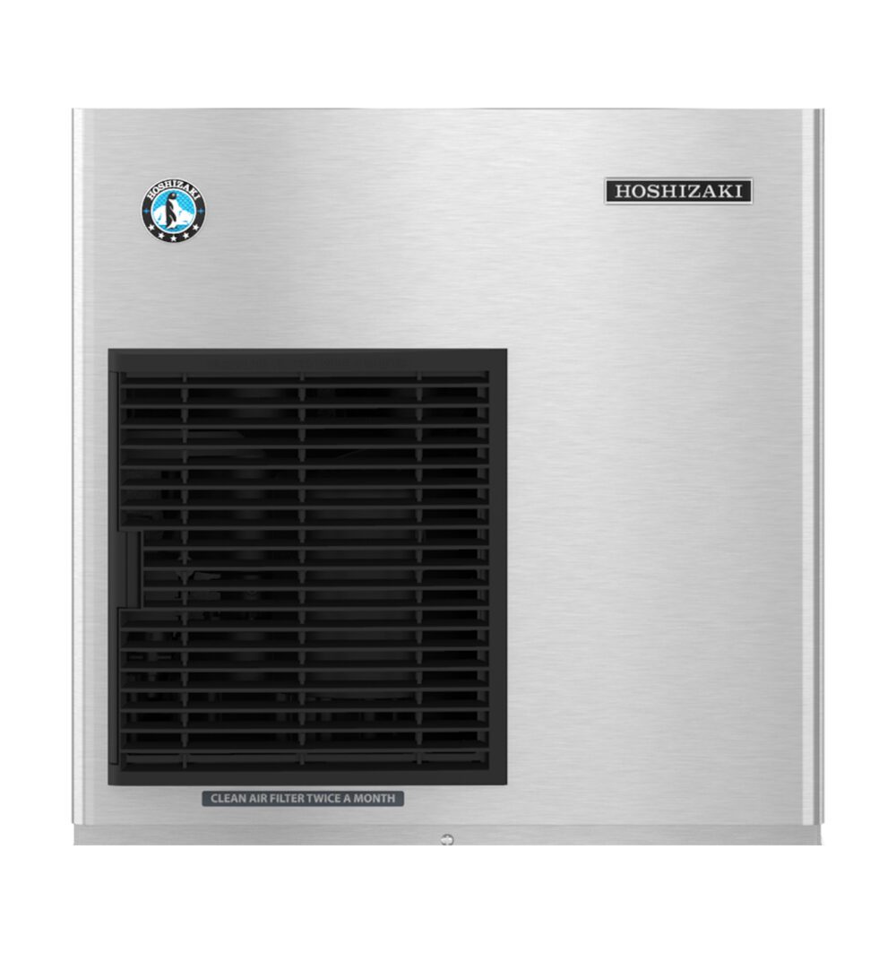 Front view of a stainless steel Hoshizaki ice machine with a black air filter grill and brand logos visible on the top right and upper left corners.