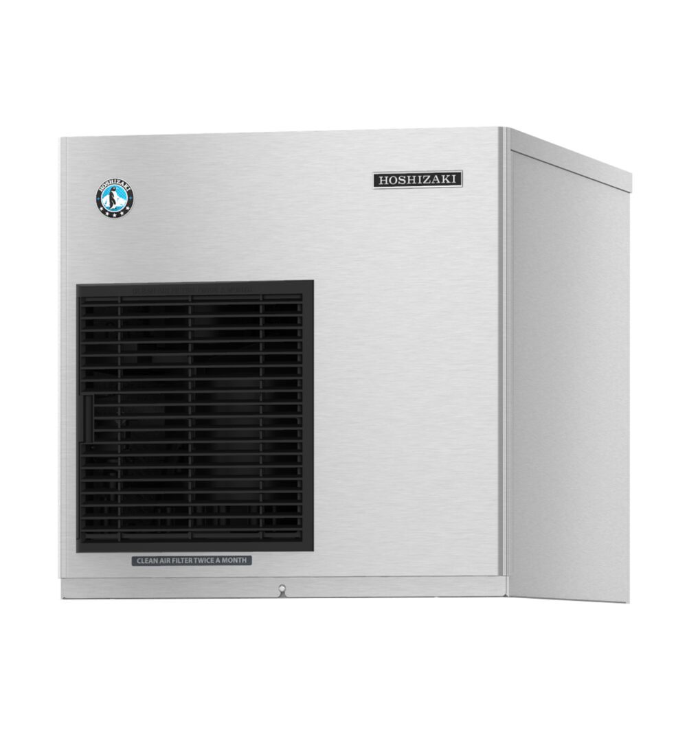 Stainless steel Hoshizaki ice maker with a black vented front panel and brand logo on the upper right. The unit is rectangular and has a clean, modern design.