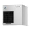 Stainless steel Hoshizaki ice maker with a black vented front panel and brand logo on the upper right. The unit is rectangular and has a clean, modern design.