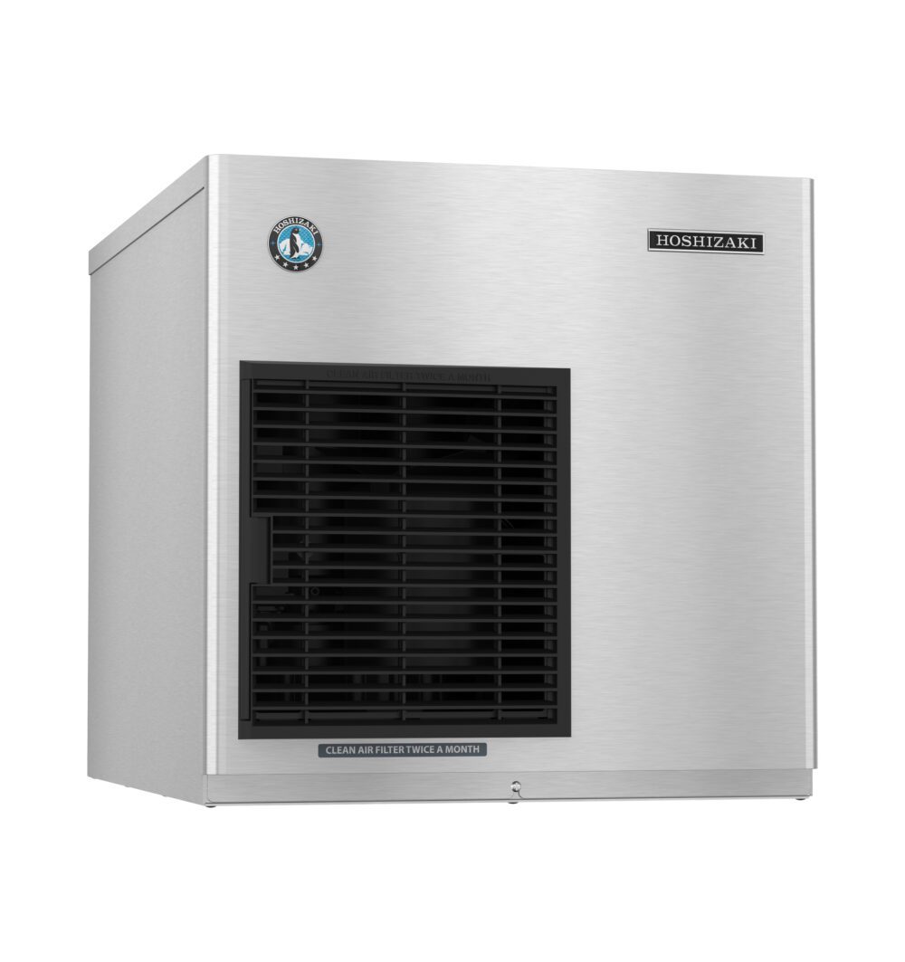 A stainless steel Hoshizaki ice machine with a black vented front panel and a maintenance label at the bottom.