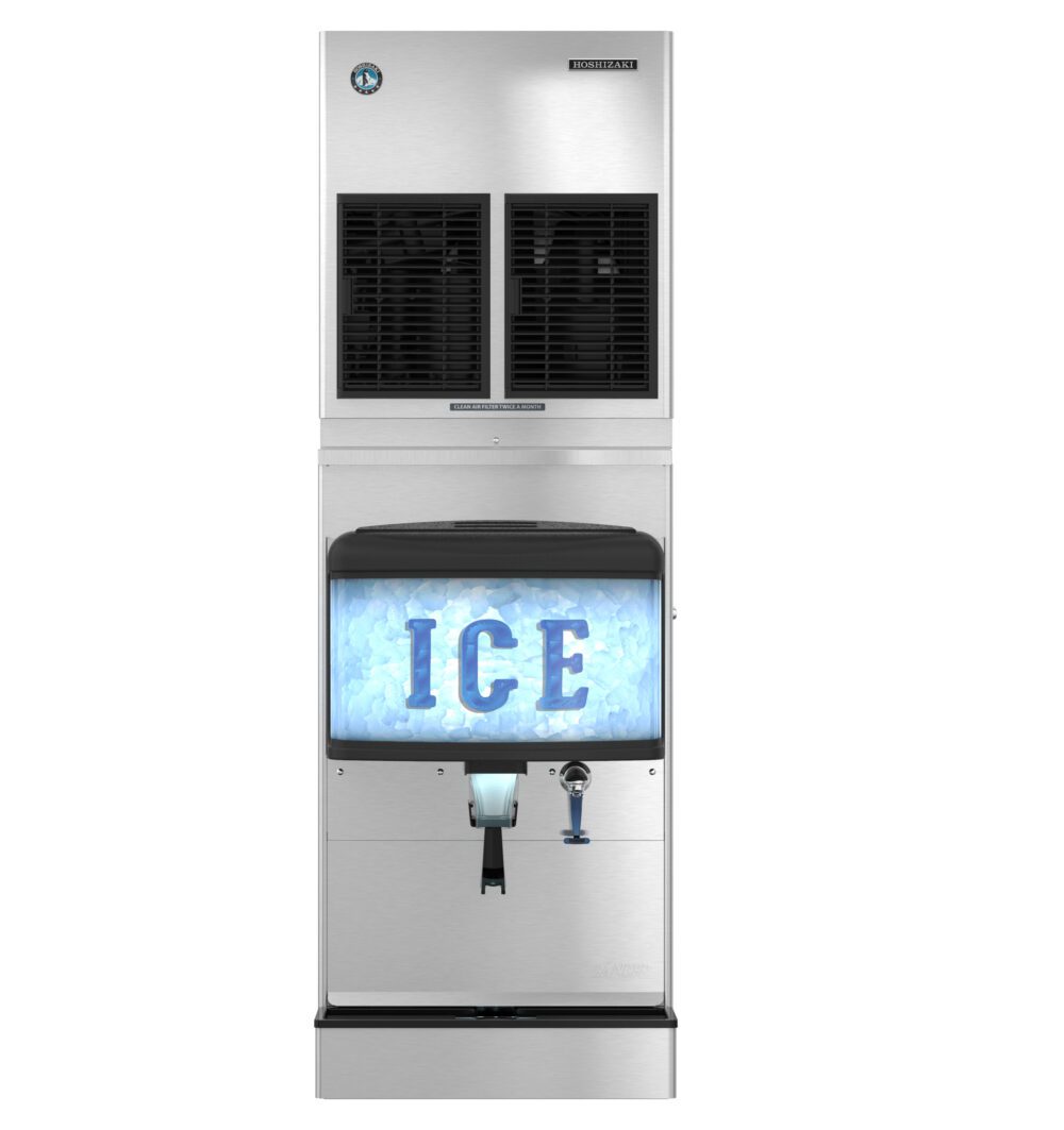 Commercial stainless steel ice dispenser machine with a front panel displaying the word