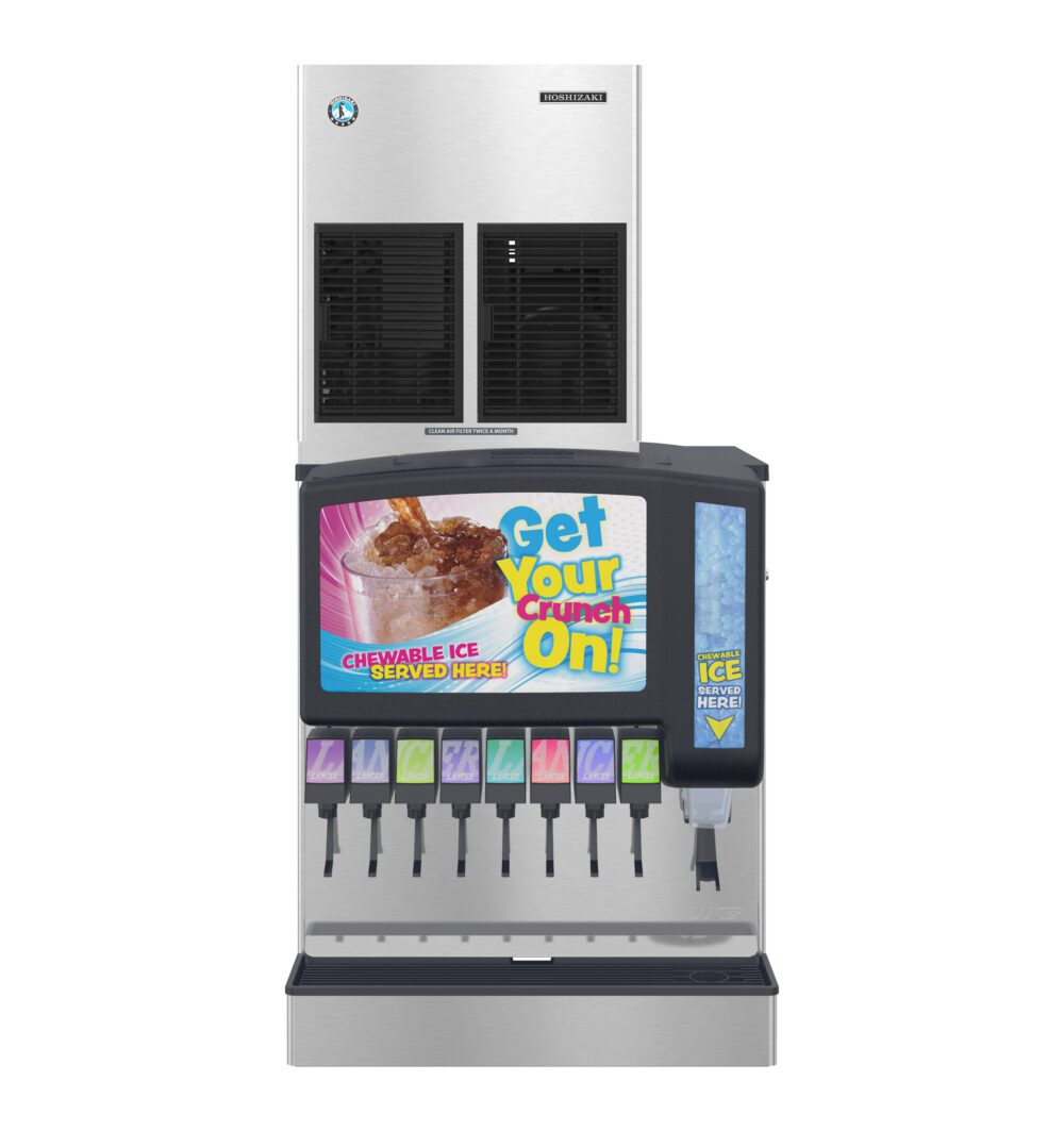 A commercial soda fountain machine with eight drink dispensers, an ice chute, and a sign advertising chewy ice.