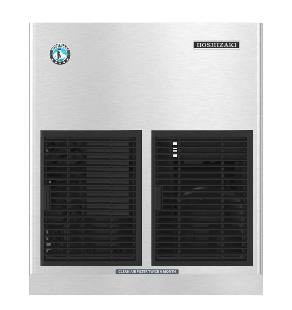 Front view of a stainless steel Hoshizaki appliance with two black vented panels and a label reading “Clean air filter twice a month.”.