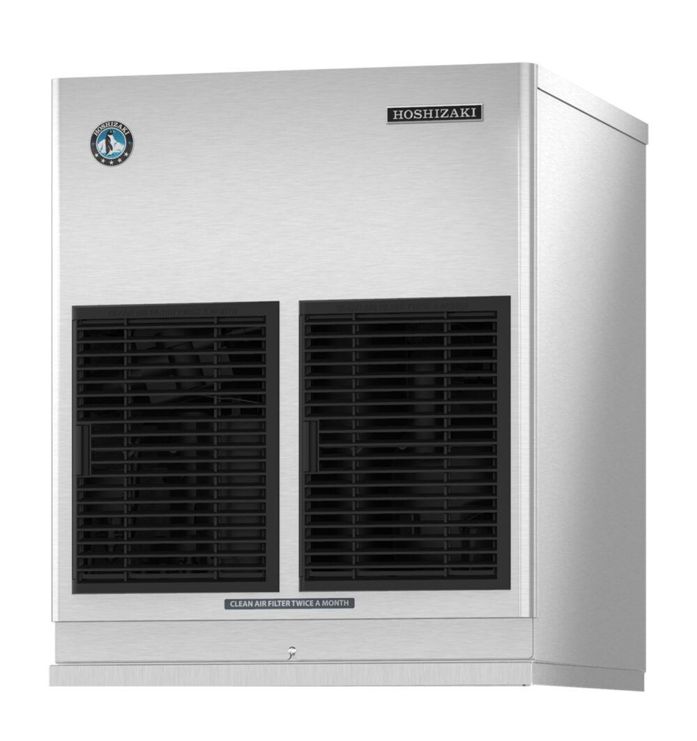 Commercial stainless steel ice machine with black front vents and Hoshizaki branding, shown from a front angle against a white background.