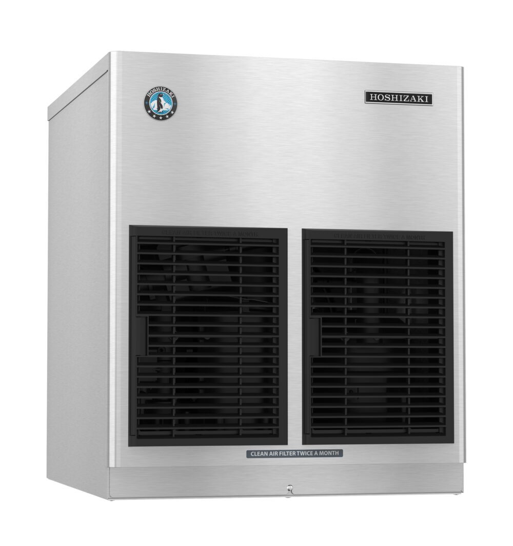 A stainless steel Hoshizaki ice maker with two black front vents and a label instructing to clean the air filter twice a month.