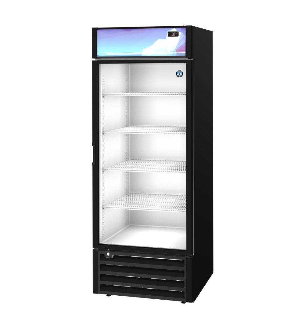 A single-door, upright commercial refrigerator with a glass front, black exterior, and four empty interior shelves.