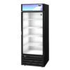 A single-door, upright commercial refrigerator with a glass front, black exterior, and four empty interior shelves.