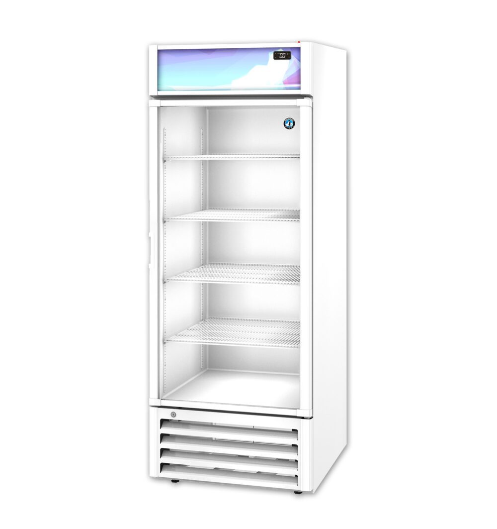 A white, upright commercial refrigerator with a glass door, four empty shelves, a digital temperature display, and vented bottom panel.