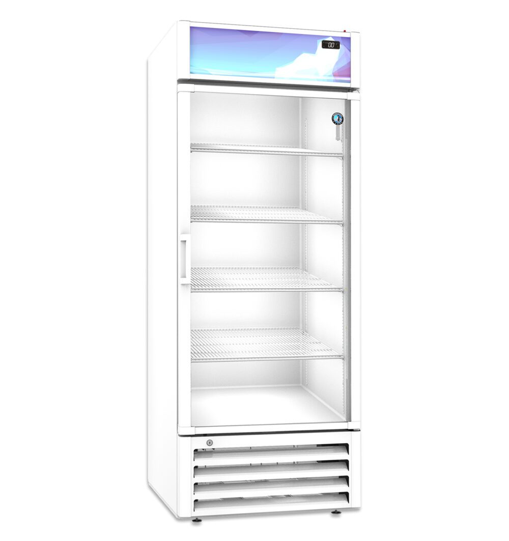 A tall, white commercial display refrigerator with a glass door and four empty shelves, standing upright on a white background.