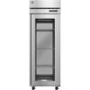 Stainless steel commercial refrigerator with a glass door, digital temperature display, and three adjustable wire shelves, shown against a white background.