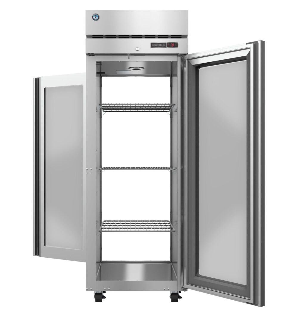 A commercial stainless steel refrigerator with both doors open, showing three empty wire shelves and a digital temperature display.