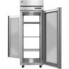 A commercial stainless steel refrigerator with both doors open, showing three empty wire shelves and a digital temperature display.