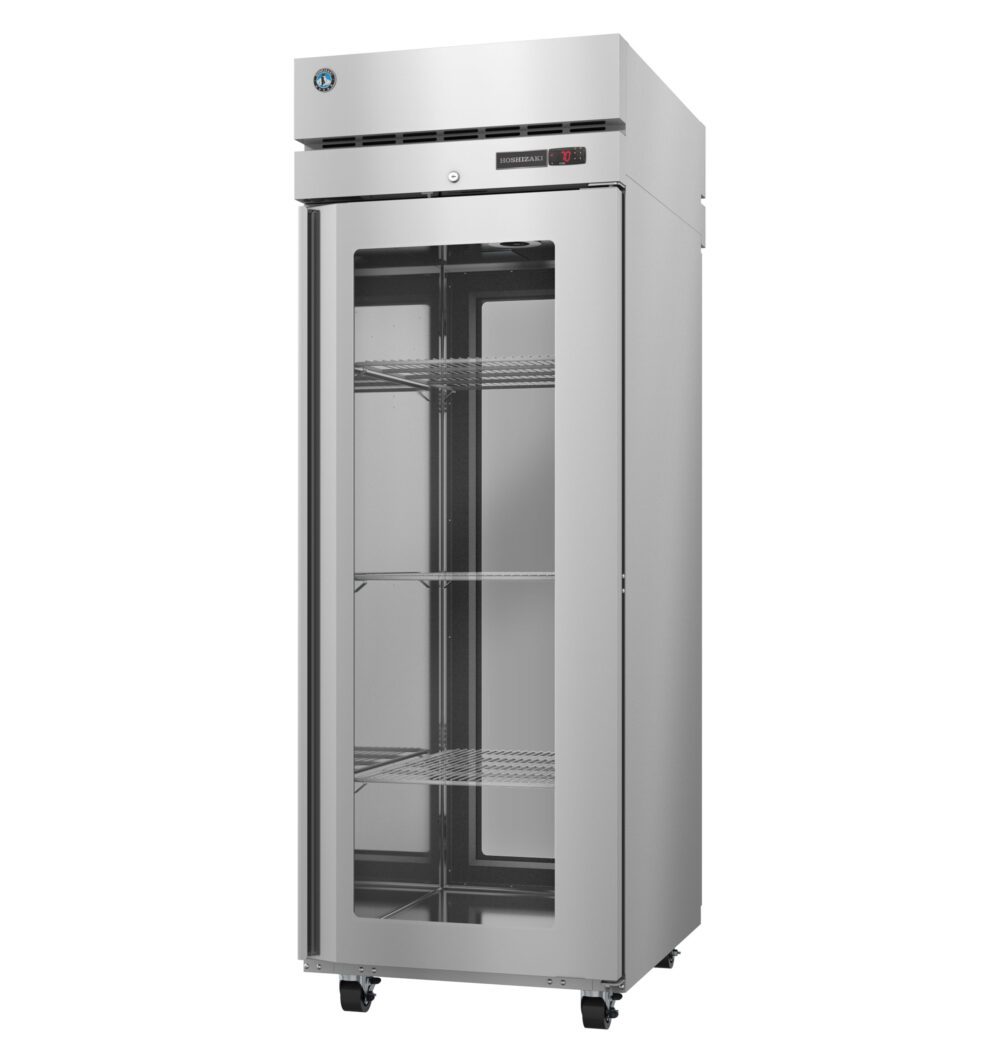 A single-door commercial stainless steel refrigerator with a glass front, three wire shelves, and caster wheels.