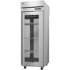 A single-door commercial stainless steel refrigerator with a glass front, three wire shelves, and caster wheels.